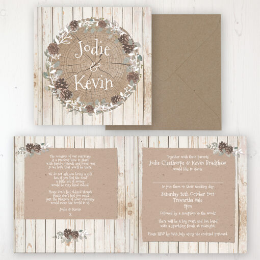 Wild Woodland Wedding Invitation - Folded Personalised Front & Back with Pocket in inside cover. Includes Rustic Envelope