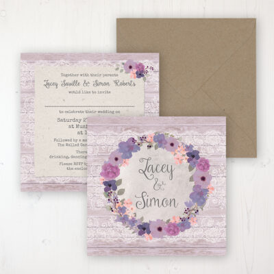 Wisteria Garden Wedding Invitation - Flat Personalised Front & Back with Rustic Envelope