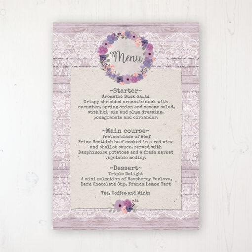 Wisteria Garden Wedding Menu Card Personalised to display on tables