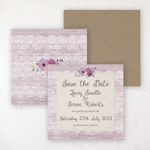 Wisteria Garden Wedding Save the Date Personalised Front & Back with Rustic Envelope
