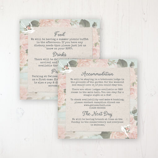 Dancing Swallows Wedding Info Insert Card Personalised Front & Back