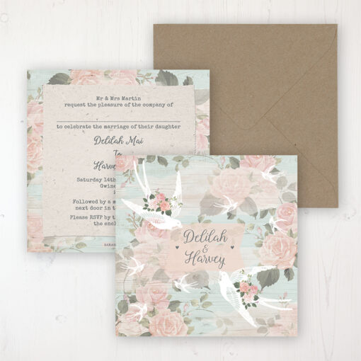 Dancing Swallows Wedding Invitation - Flat Personalised Front & Back with Rustic Envelope
