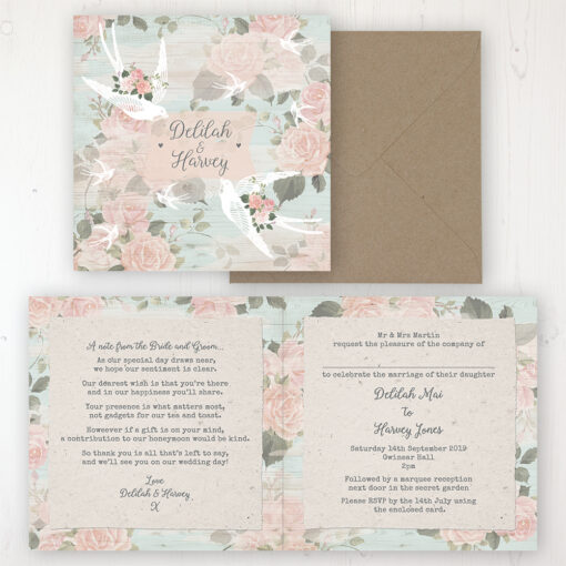Dancing Swallows Wedding Invitation - Folded Personalised Front & Back with Rustic Envelope