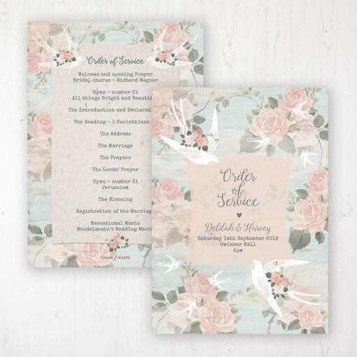 Dancing Swallows Wedding Order of Service - Card Personalised front and back