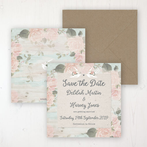 Dancing Swallows Wedding Save the Date Personalised Front & Back with Rustic Envelope
