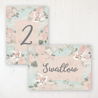 Dancing Swallows Wedding Table Name & Number Personalised Table Name Card and Number Card