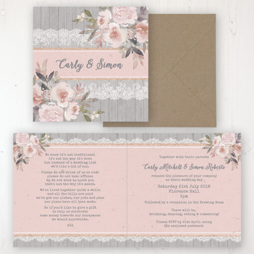 Delicate Mist Wedding Invitation - Folded Personalised Front & Back with Rustic Envelope
