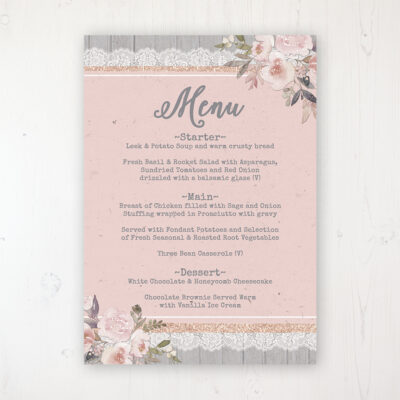 Delicate Mist Wedding Menu Card Personalised to display on tables