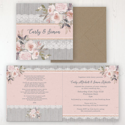 Delicate Mist Wedding Invitation - Folded Personalised Front & Back with Pocket in inside cover. Includes Rustic Envelope