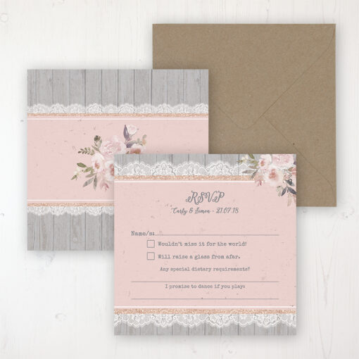 Delicate Mist Wedding RSVP Personalised Front & Back with Rustic Envelope