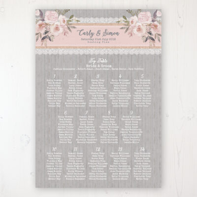 Delicate Mist Wedding Table Plan Poster Personalised with Table and Guest Names