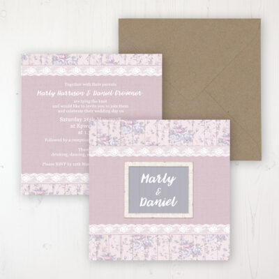 Dusky Dream Wedding Invitation - Flat Personalised Front & Back with Rustic Envelope