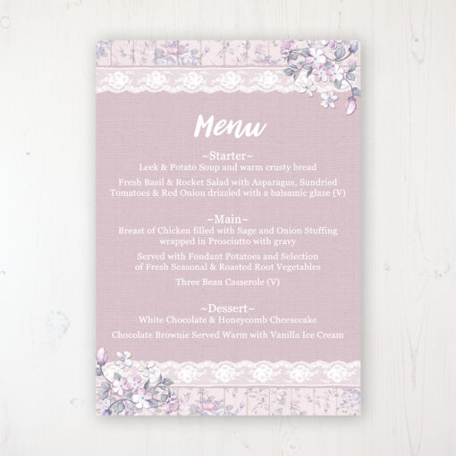 Dusky Dream Wedding Menu Card Personalised to display on tables