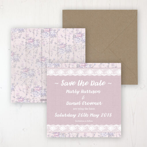 Dusky Dream Wedding Save the Date Personalised Front & Back with Rustic Envelope