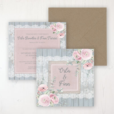 Dusty Flourish Wedding Invitation - Flat Personalised Front & Back with Rustic Envelope