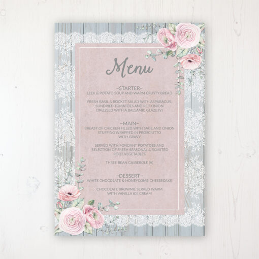 Dusty Flourish Wedding Menu Card Personalised to display on tables