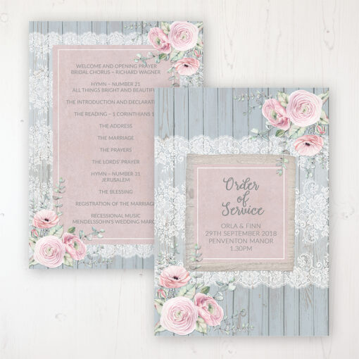 Dusty Flourish Wedding Order of Service - Card Personalised front and back