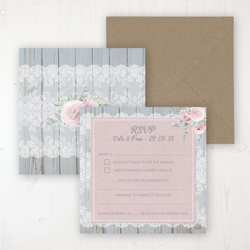 Dusty Flourish Wedding RSVP Personalised Front & Back with Rustic Envelope