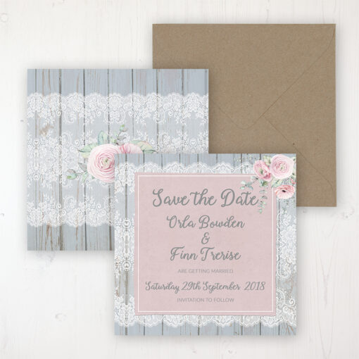 Dusty Flourish Wedding Save the Date Personalised Front & Back with Rustic Envelope
