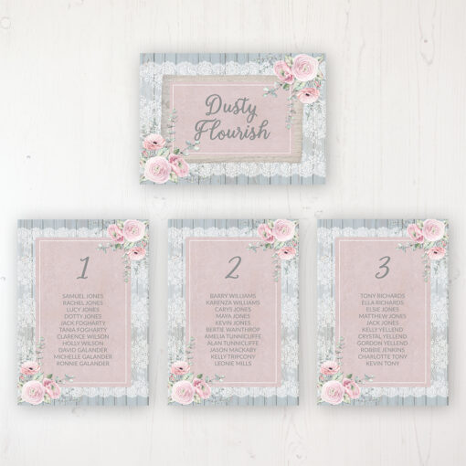 Dusty Flourish Wedding Table Plan Cards Personalised with Table Names and Guest Names
