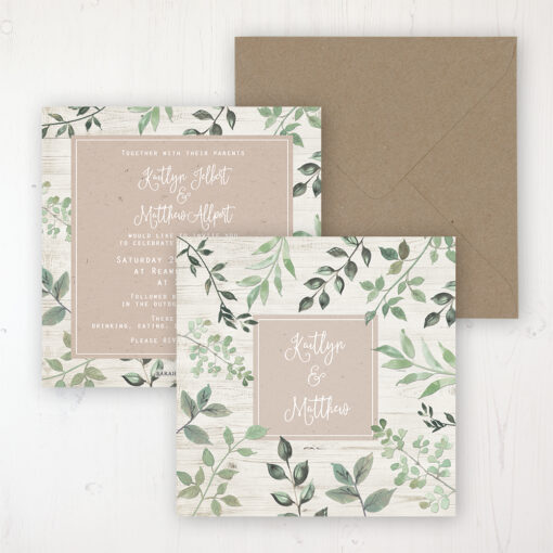 Evergreen Forest Wedding Invitation - Flat Personalised Front & Back with Rustic Envelope