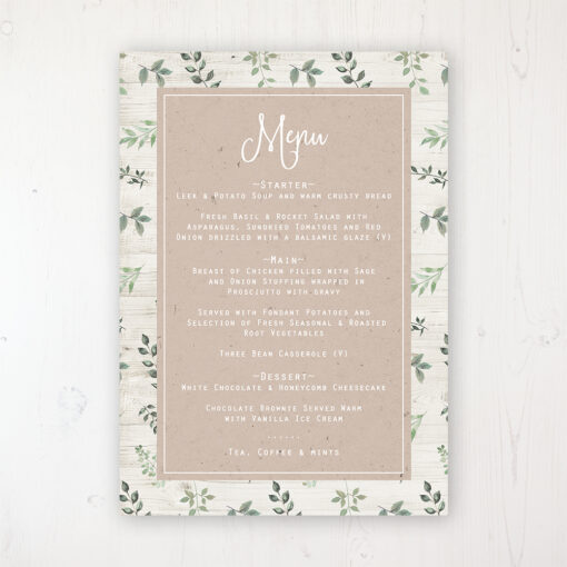 Evergreen Forest Wedding Menu Card Personalised to display on tables