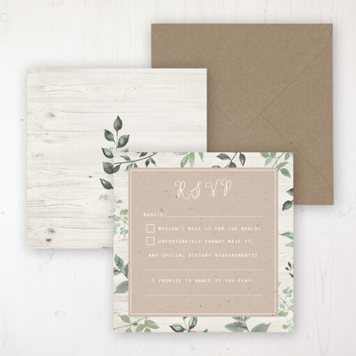 Evergreen Forest Wedding RSVP Personalised Front & Back with Rustic Envelope