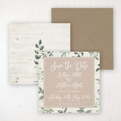 Evergreen Forest Wedding Save the Date Personalised Front & Back with Rustic Envelope