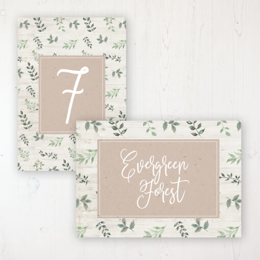 Evergreen Forest Wedding Table Name & Number Personalised Table Name Card and Number Card