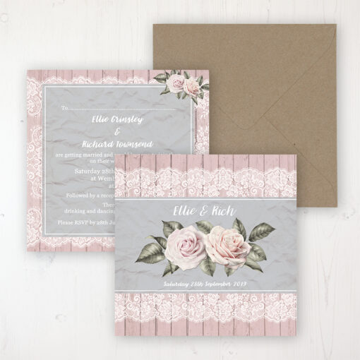 Powder Rose Wedding Invitation - Flat Personalised Front & Back with Rustic Envelope