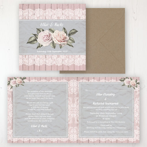 Powder Rose Wedding Invitation - Folded Personalised Front & Back with Rustic Envelope