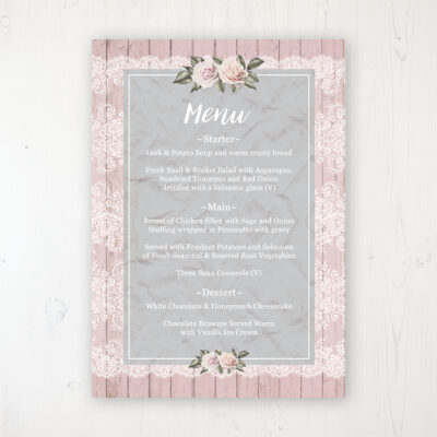 Powder Rose Wedding Menu Card Personalised to display on tables