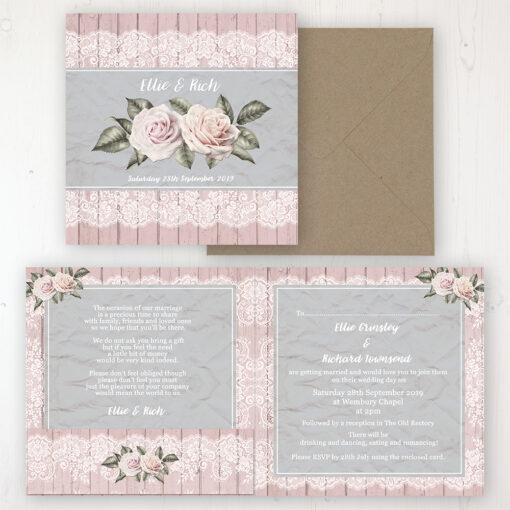 Powder Rose Wedding Invitation - Folded Personalised Front & Back with Pocket in inside cover. Includes Rustic Envelope