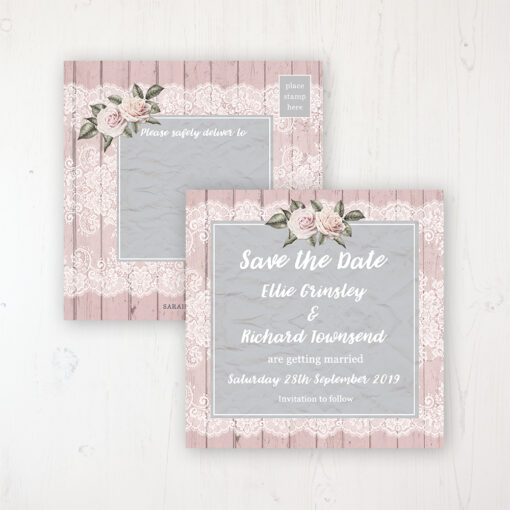 Powder Rose Wedding Save the Date Postcard Personalised Front & Back