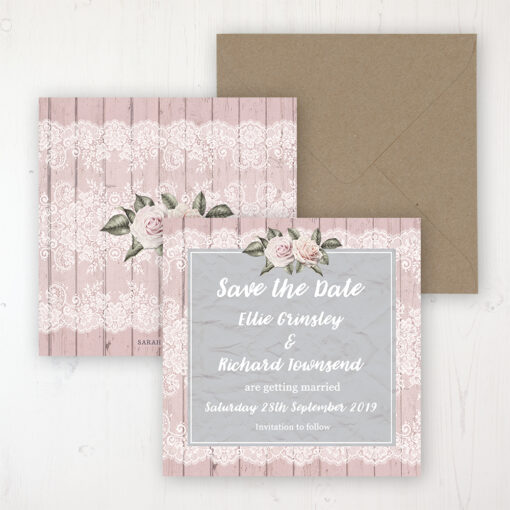 Powder Rose Wedding Save the Date Personalised Front & Back with Rustic Envelope