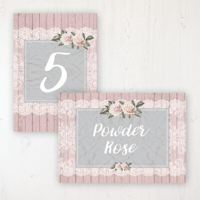 Powder Rose Wedding Table Name & Number Personalised Table Name Card and Number Card