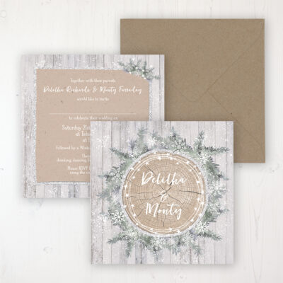 Winter Wonderland Wedding Invitation - Flat Personalised Front & Back with Rustic Envelope