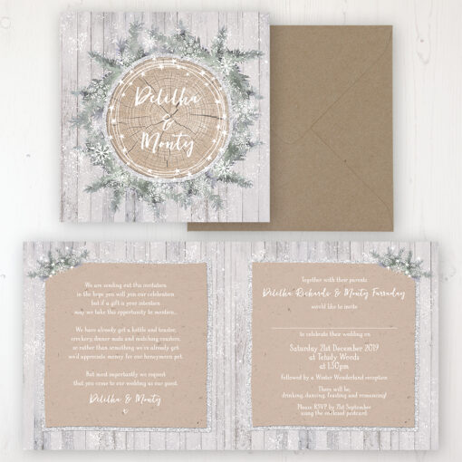 Winter Wonderland Wedding Invitation - Folded Personalised Front & Back with Rustic Envelope