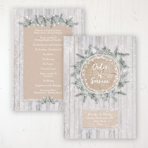 Winter Wonderland Wedding Order of Service - Card Personalised front and back