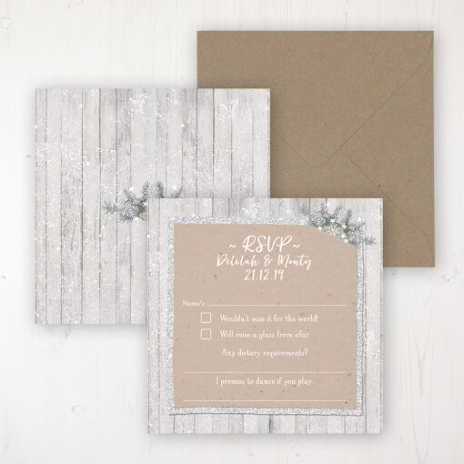 Winter Wonderland Wedding RSVP Personalised Front & Back with Rustic Envelope