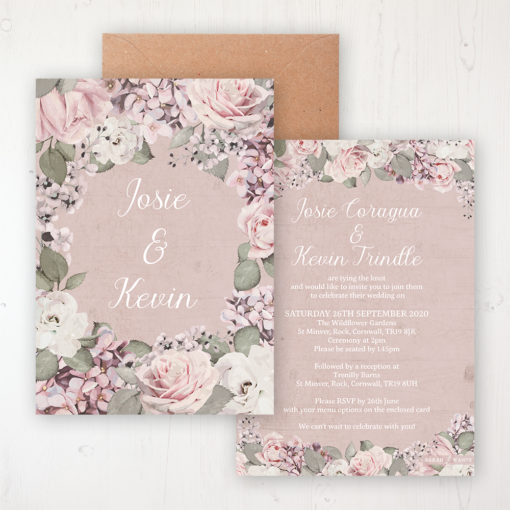 Dusty Rose Garden Wedding Invitation - Flat Personalised Front & Back with Rustic Envelope
