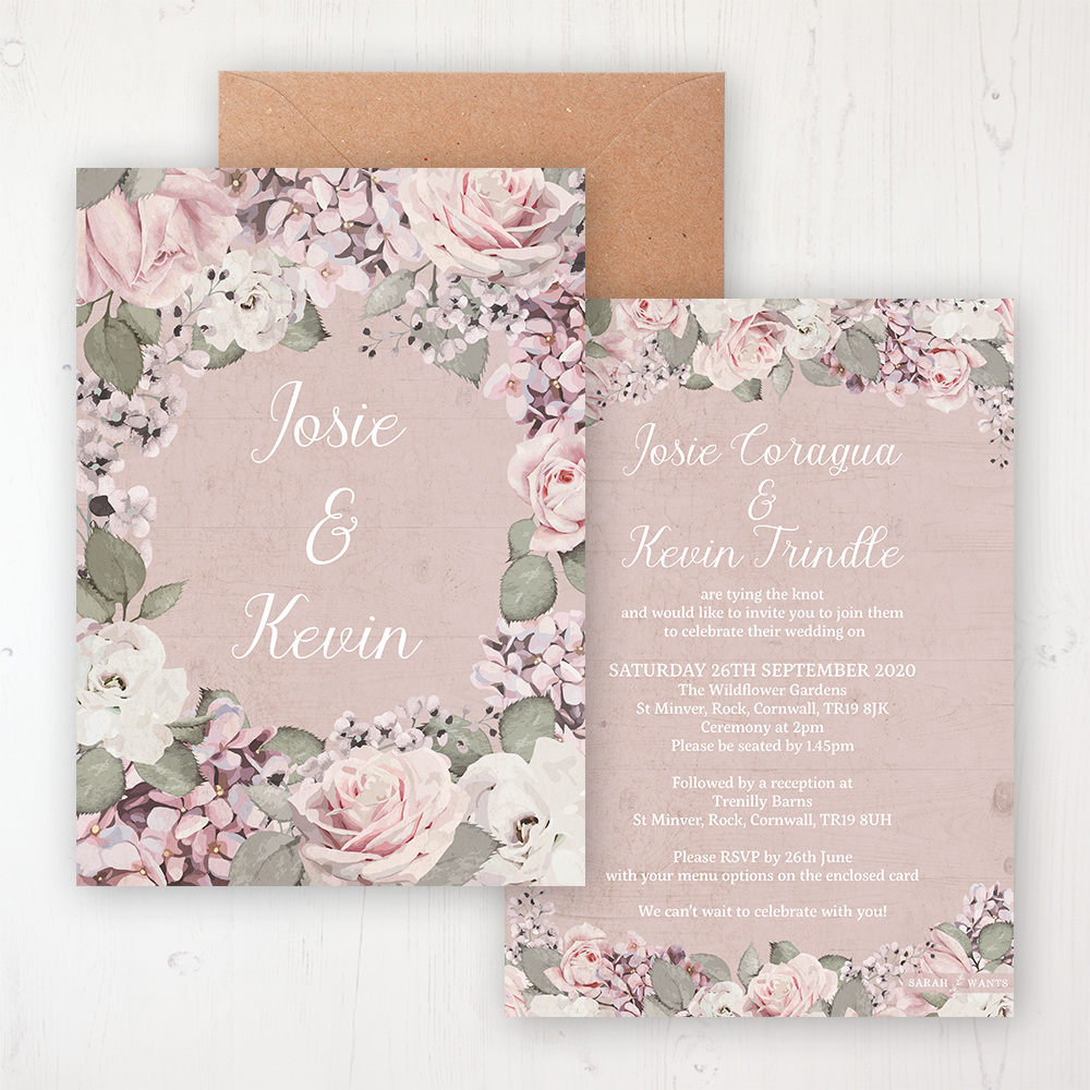 PERSONALISED WEDDING INVITATIONS Blush Pink Rose Floral Design Day or Evening 