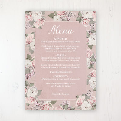 Dusty Rose Garden Wedding Menu Card Personalised to display on tables