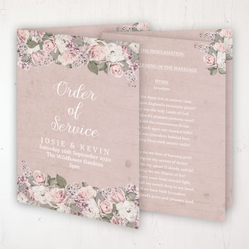 Dusty Rose Garden Wedding Order of Service - Booklet Personalised Front & Inside Pages
