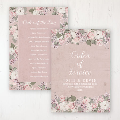 Dusty Rose Garden Wedding Order of Service - Card Personalised front and back