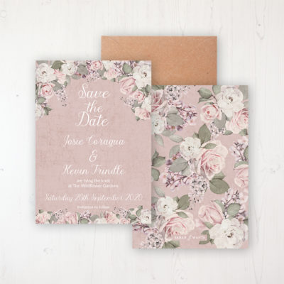 Dusty Rose Garden Wedding Save the Date Personalised Front & Back with Rustic Envelope
