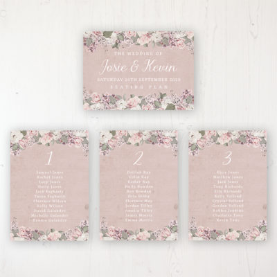 Dusty Rose Garden Wedding Table Plan Cards Personalised with Table Names and Guest Names
