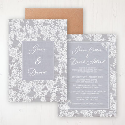 Floraison Lace Wedding Invitation - Flat Personalised Front & Back with Rustic Envelope