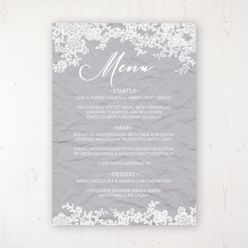 Floraison Lace Wedding Menu Card Personalised to display on tables