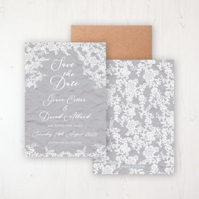 Floraison Lace Wedding Save the Date Personalised Front & Back with Rustic Envelope